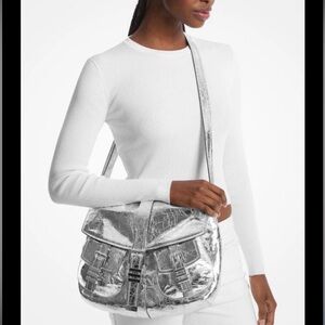 Michael Kors Darrington Large Crackled Leather Shoulder Bag - silver